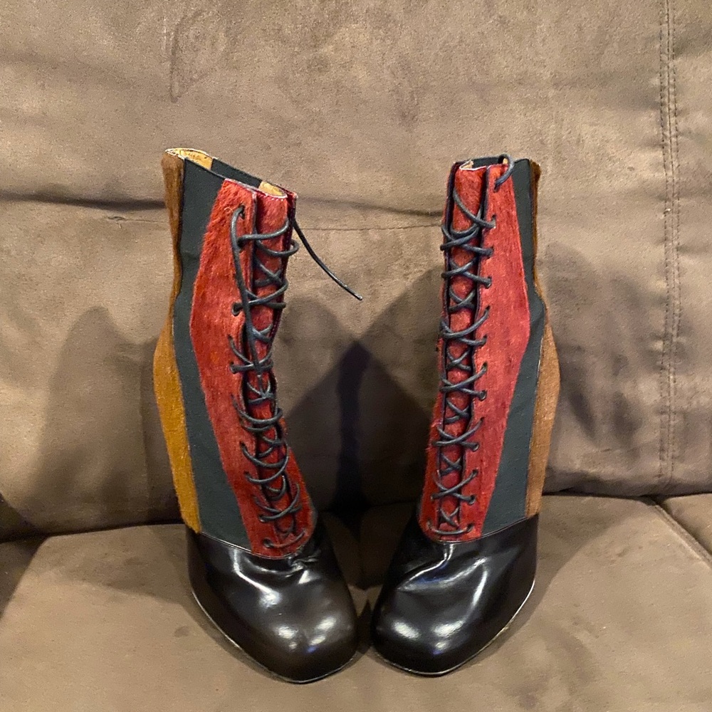 Fendi Calf Hair Lace-Up Colorblock High-Heel Ankle Boots - Picture 3 of 6